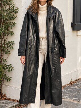 LNR Black Genuine Leather Long Trench Coat Women's Small Longline Outerwear